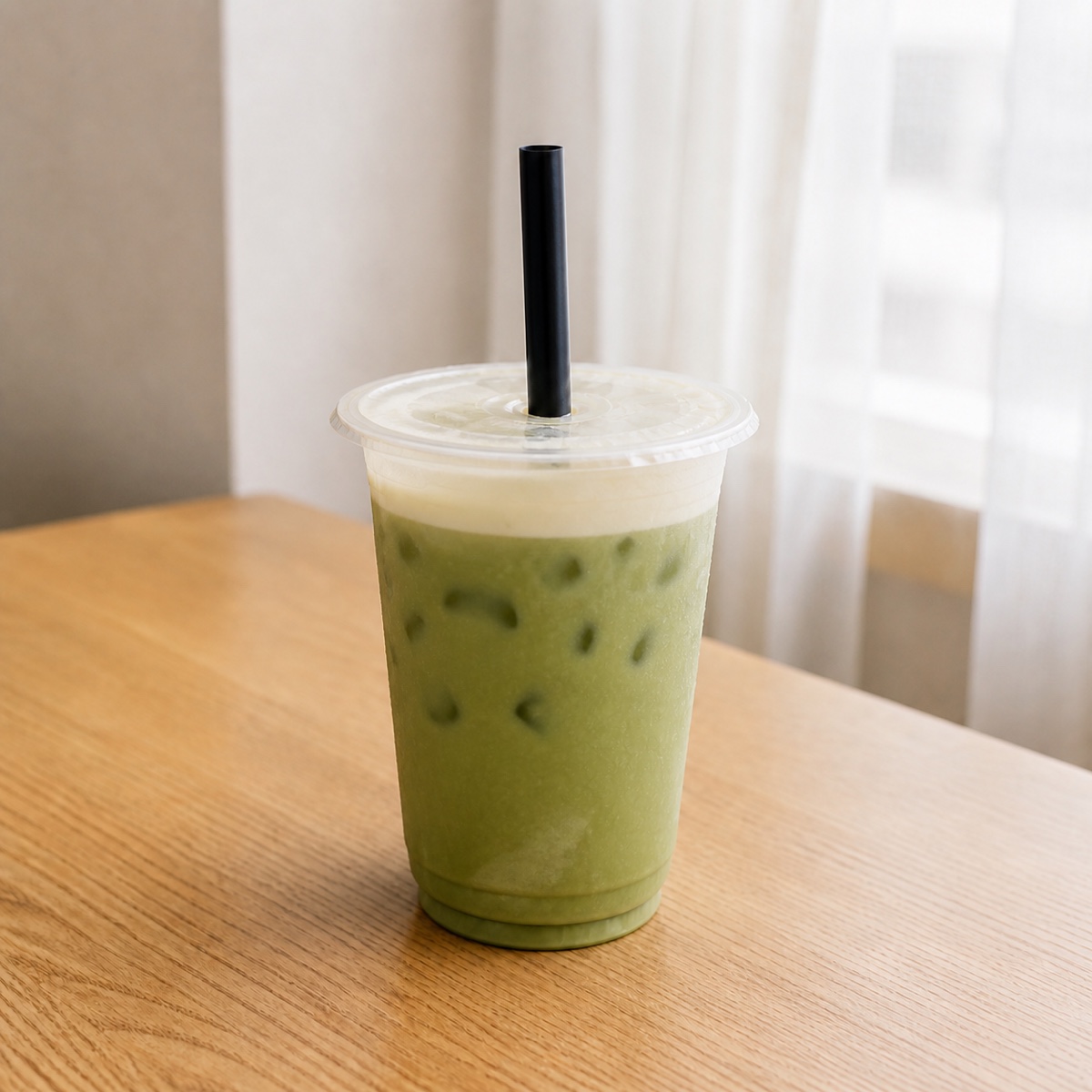 Layered matcha latte with milk and salted cheese foam in a takeaway cup.