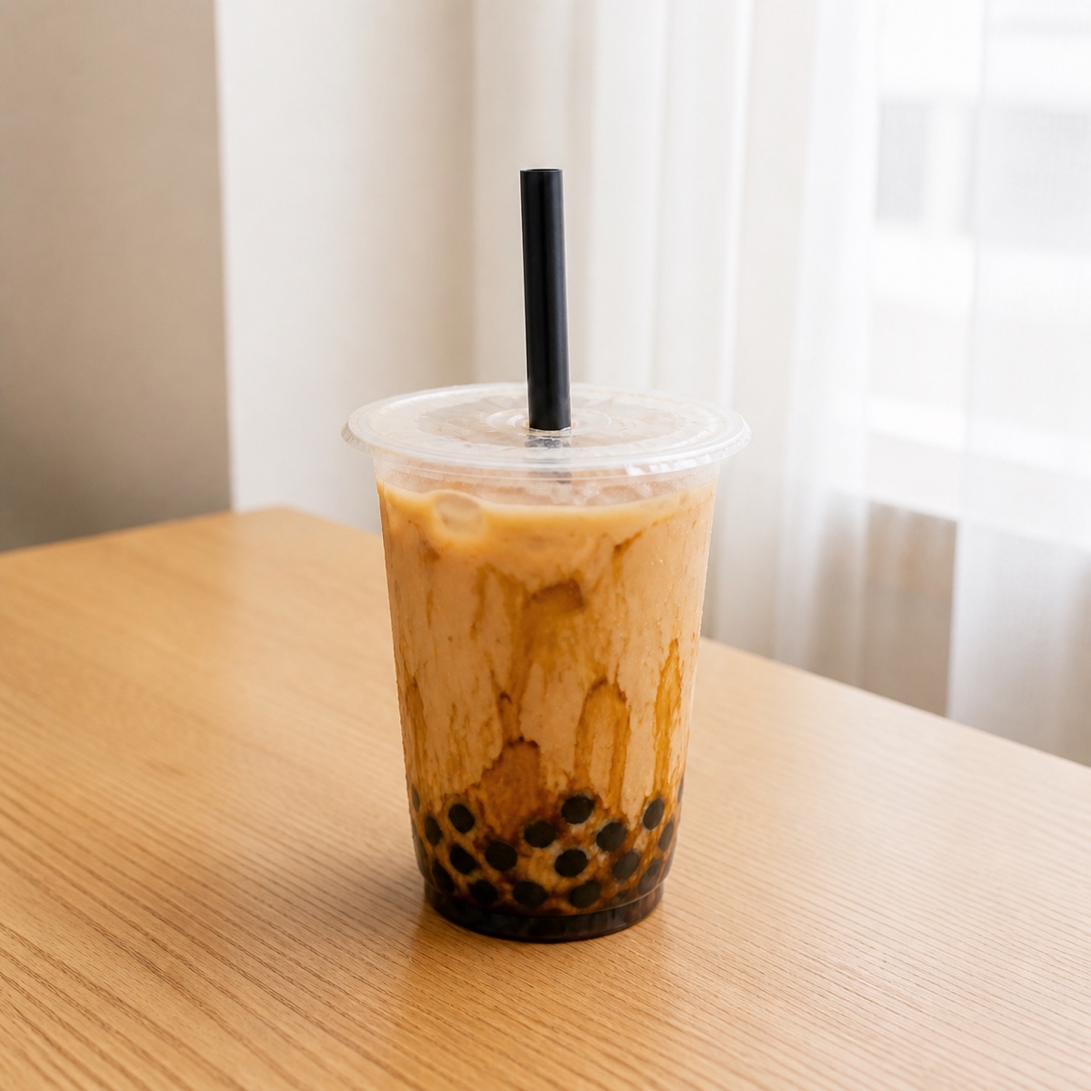 Ceylon milk tea with dark brown-sugar streaks and tapioca pearls.