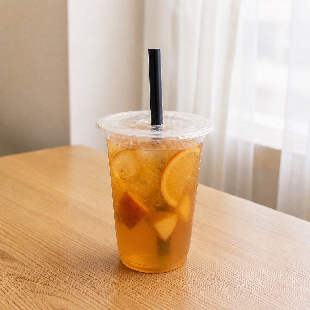 Golden peach jasmine tea with peach pieces and a citrus slice.