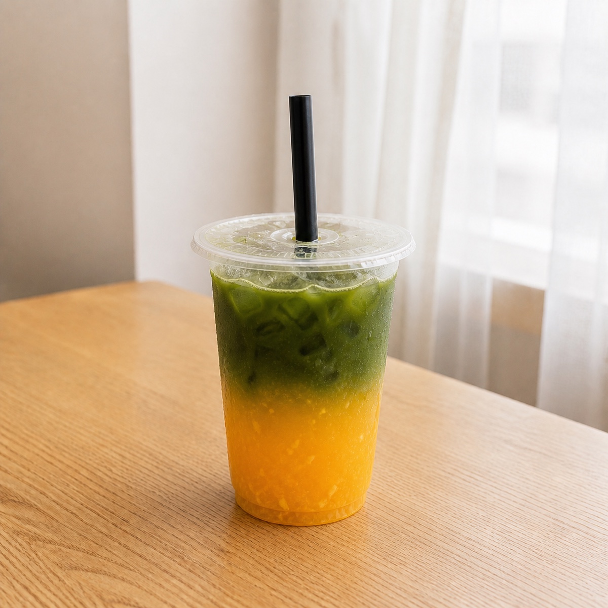 Fresh orange juice layered beneath earthy green matcha.